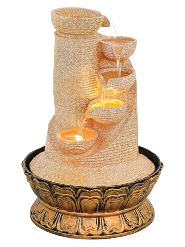 Image of CHRONIKLE Polyresin Sand Designer Table Top Indoor 5 Artistic Steps Waterfall Fountain with Yellow LED Lights & Water Flow Controller Pump (Size: 41 x 25 x 25 CM | Weight: 1980 gram | Color: Sand)