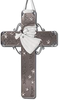 BANBERRY DESIGNS Angel Cross Ornament - Hear My Prayer - Silver Metal Pewter with White Enamel & Jewels