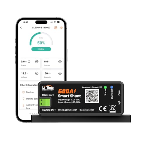 LiTime 500A Smart Shunt Bluetooth Battery Monitor Range 8V-120V SOC Alarm Alerts History Records App Monitoring for Lithium LFP AGM Gel Batteries Ideal for RV/Marine/Solar Home Storage