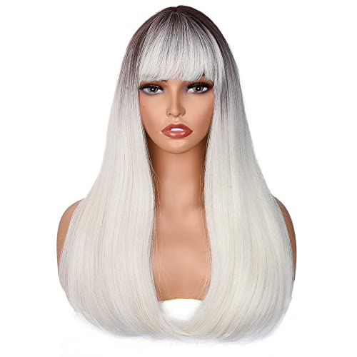 Annivia Perruque longue et soyeuse avec frange pour femme - Perruque synthétique sans dentelle - Résistante à la chaleur - Aspect naturel (gris ombré blanc) Cover