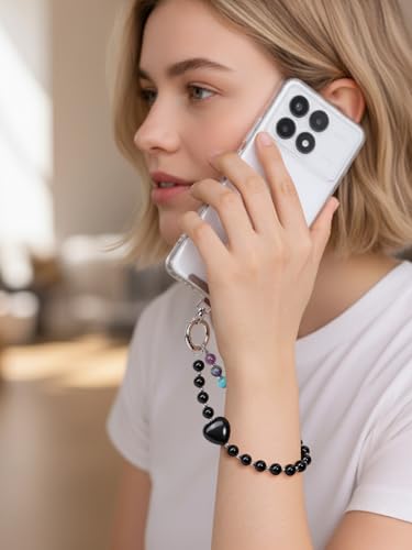 PiercingJak Handykette aus Naturstein, Handmade kurzer Handyanhänger mit Perlen, Beaded Handyband Phone Charm mit passgenauer Lasche, Obsidian+7 Chakra