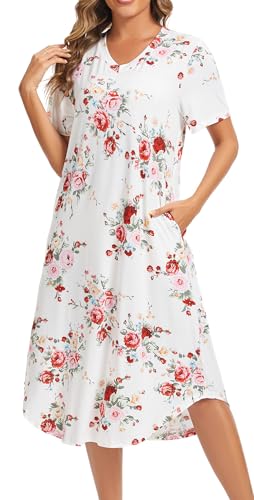 Image of Kabento Nightgowns for Women Cotton Short Sleeve Long Night Gowns with Pockets