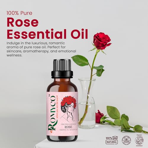 Image of Romyco Rose Essential Oil 15ml (Gulab) for Romance, Luxury | Hydrated Skin Care | Natural Perfume & Meditation | Aromatherapy & Diffuser Oil | Men & Women | Pure Natural Organic & Undiluted