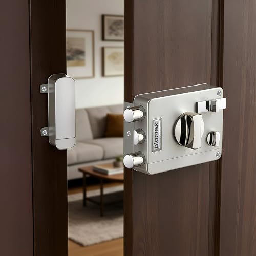 Image of Plantex Heavy Duty Rim Locks for Main Door /Night Latch Lock with 4 Keys /Tribolt Lock with 5 Years of Warranty /Suitable for Inside Opening Door- Pack of 1 (Satin White & Chrome)