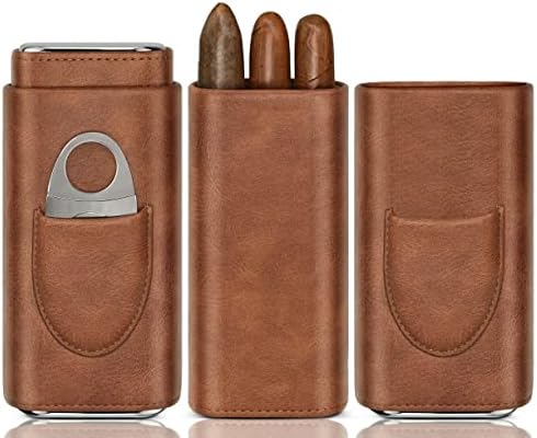 wanbro Cigar Case, 3pcs Holder, Cigars Travel Case, Cedar Lined, Leather Made Cigar Humidor with Stainless Cutter, Fashion Father's Day gift for men dad