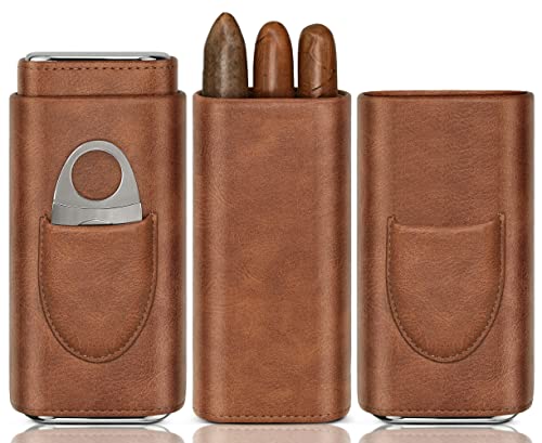 Wanbro Cigar Case, 3Pcs Holder, Cigars Travel Case, Cedar Lined, Leather Made Cigar Humidor With Stainless Cutter, Fashion Father's Day Gift For Men Dad #TOP1