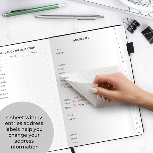 Address Book with Alphabetical Tabs, Hardcover Large Print Telephone and Address Book for Keeping Contacts Safe with Space for Important Website Passwords and Back Pocket 5\'\' x 7.6\'\' (Black)