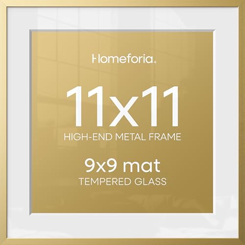 Image of Homeforia 11x11 Picture Frame Gold, High End Metal 11 by 11 Square Frames with Mat 9 x 9 Photo, 11by11 Thin Poster Frame Matted to 9x9 inch Art, Wall Hanging Frames, Tempered Glass, Wall Kit, Set of 1