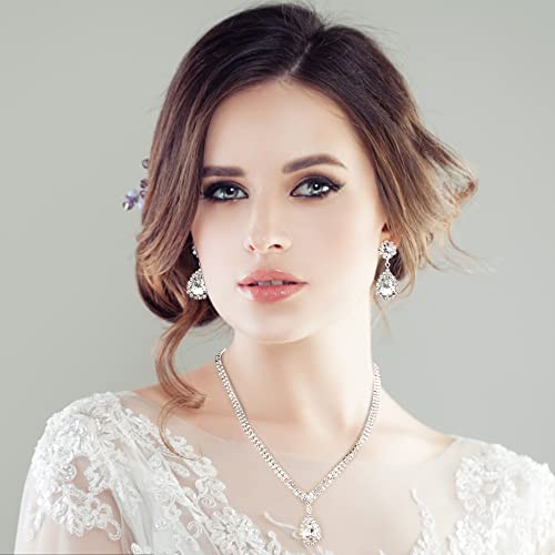 Fibo Steel Clip On Wedding Jewelry For Bride Bridesmaid Clip Teardrop Pendant Earrings Crystal Rhinestone Tennis Necklace Bracelets Jewelry Set For Women Party Wedding Prom thumb #4