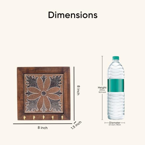 Image of AAKRITI ART CREATIONS Key Holder, Brown Orchid Handcrafted Key Holder Panel | Rustic Ceramic & Wood Wall Organizer with 5 Hooks | New Home Gifts| Multifunctional Entryway Decor