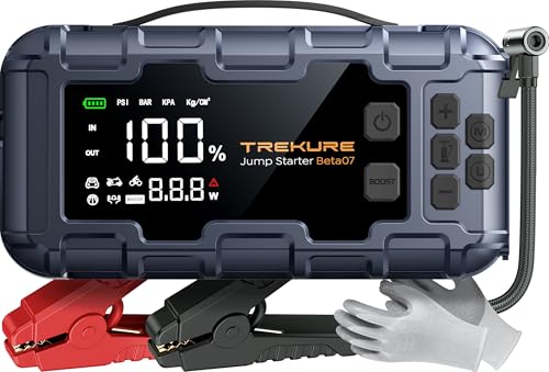TREKURE 7-IN-1 6000A Jump Starter Power Pack with 160PSI Air Compressor, PD45W Charger with Car Battery Booster Jump Starter (all Gas/12L Diesel), Car Starter Power Bank, Gloves, Lights, QC3.0