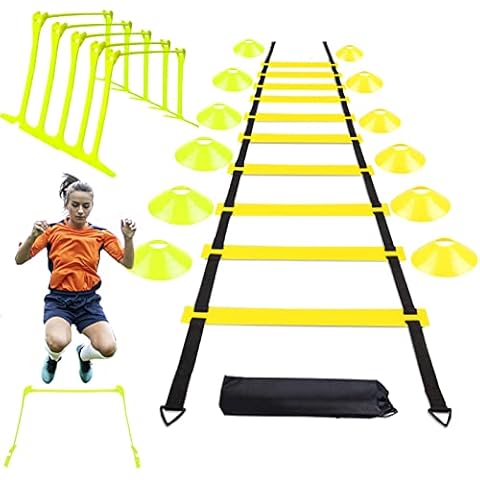 YGORTECH Football Training Equipment for Kids, Speed Agility Training Set, Agility Ladder 6M, 5 Hurdles Adjustable Height: 6", 9", 12", 12 football cones, with Drawstring Carry Bag (Yellow) Cover