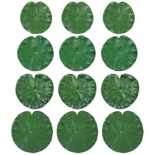GIEEU 12 Pcs Lily Pads for Ponds,Artificial Water Lily Pads,Plastic Floating Foam Lotus Leaves,Foliage Pond Decor for Koi Fish Pool Patio Aquarium(4 Sizes)