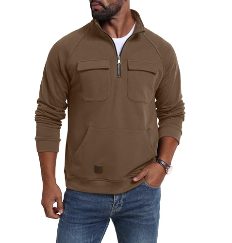 Lepunuo Cargo Sweatshirts for Men Quarter Zip Long Sleeve Warm Fleece Tactical Pullover Casual Athletic Loose Sweatshirts