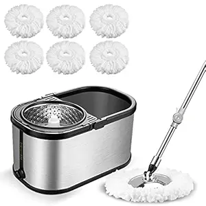 Spin Mop Bucket System Stainless Steel Bucket and Mop Set with 6 Microfiber Replacement Head Refills, Floor Mop with 4 Wheel