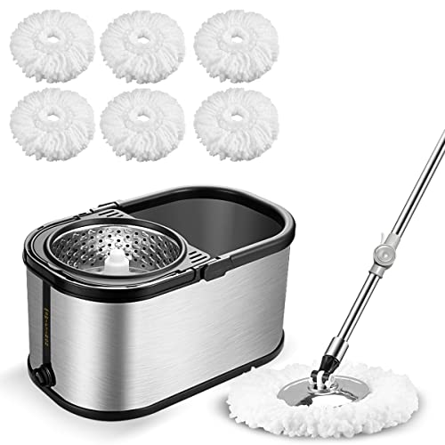 Spin Mop Bucket System Stainless Steel Bucket and Mop Set with 6 Microfiber Replacement Head...
