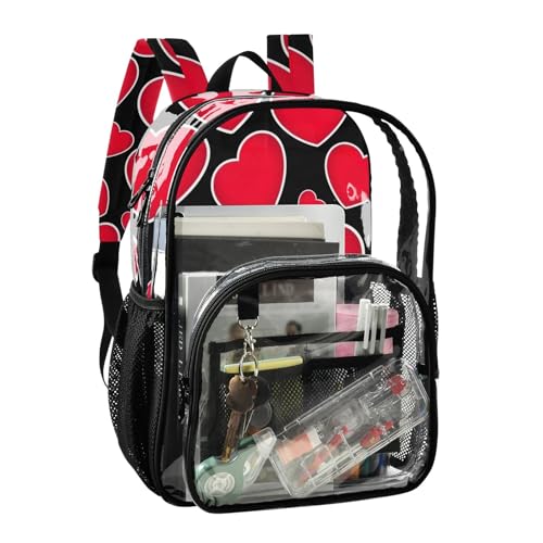 Bold Red Hearts White Black Travel Clear Bags for Women Kids Girls Backpack Boys See through Shoulder Bag2