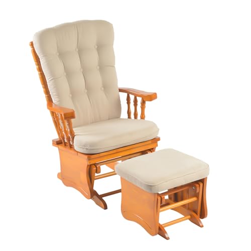 Image of Solid Wood Anti-Pinching Rocking Glider Chair with Ottoman Cushion Set, Nursery Rocking Chair for Living Room Bedroom Reading Room, Honey