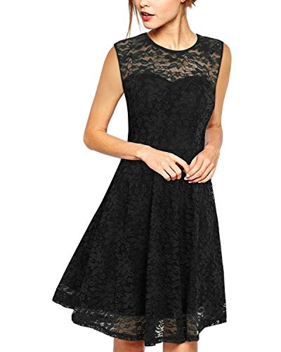 ZANZEA Mujer Vestido Encaje Elegante Cóctel Fiesta Sin Mangas Vestido con Cuello Redondo Sin Mangas Negro L