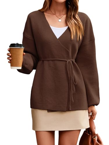 Saodimallsu Womens Wrap V Neck Cardigan Sweaters Tie Front Long Sleeve Soft Knit Dressy Work Fall...