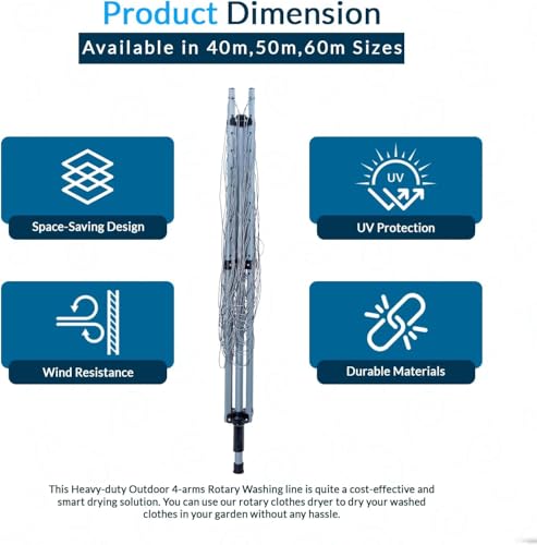 BLADO Rotary Washing Line - 4 Arm Outdoor Folding Rotating Clothes Dryer Heavy Duty Comes with Cover & Metal Ground Spike (50 M) - Image 2