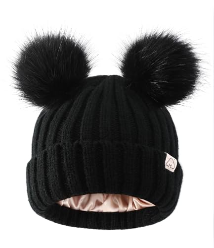 Image of Hat Hut Toddler Beanie Satin Lined Beanie for Baby Winter Hats for Kids Pom Pom Beanie for Boys Girls