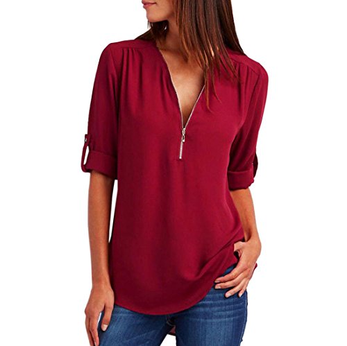 Women Tops, Gillberry Women Solid Casual Chiffon Tops T-Shirt Loose Top Long Sleeve Blouse (Red, S)