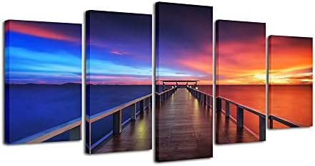 Pyradecor Sunset Bridge Canvas Prints Wall Art Seascape Ocean Picture Paintings Ready to Hang for Living Room Bedroom Home Decorations 5 Panels Modern Stretched Landscape Sea Artwork