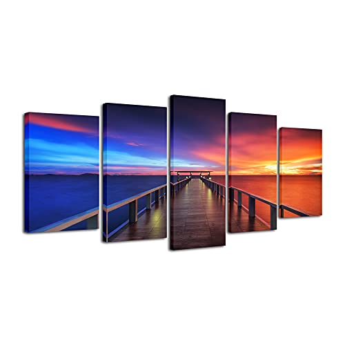 Pyradecor Sunset Bridge Canvas Prints Wall Art Seascape Ocean Picture Paintings Ready to Hang for Living Room Bedroom Home Decorations 5 Panels Modern Stretched Landscape Sea Artwork