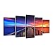 Pyradecor Sunset Bridge Giclee Canvas Prints Wall Art Seascape Ocean Picture Paintings Ready to Hang for Living Room Bedroom Home Decorations 5 Panels Modern Stretched and Framed Landscape Sea Artwork