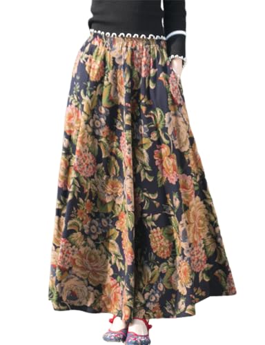 IDEALSANXUN Womens Cotton Linen High Waisted A Line Boho Floral Long Maxi Skirt