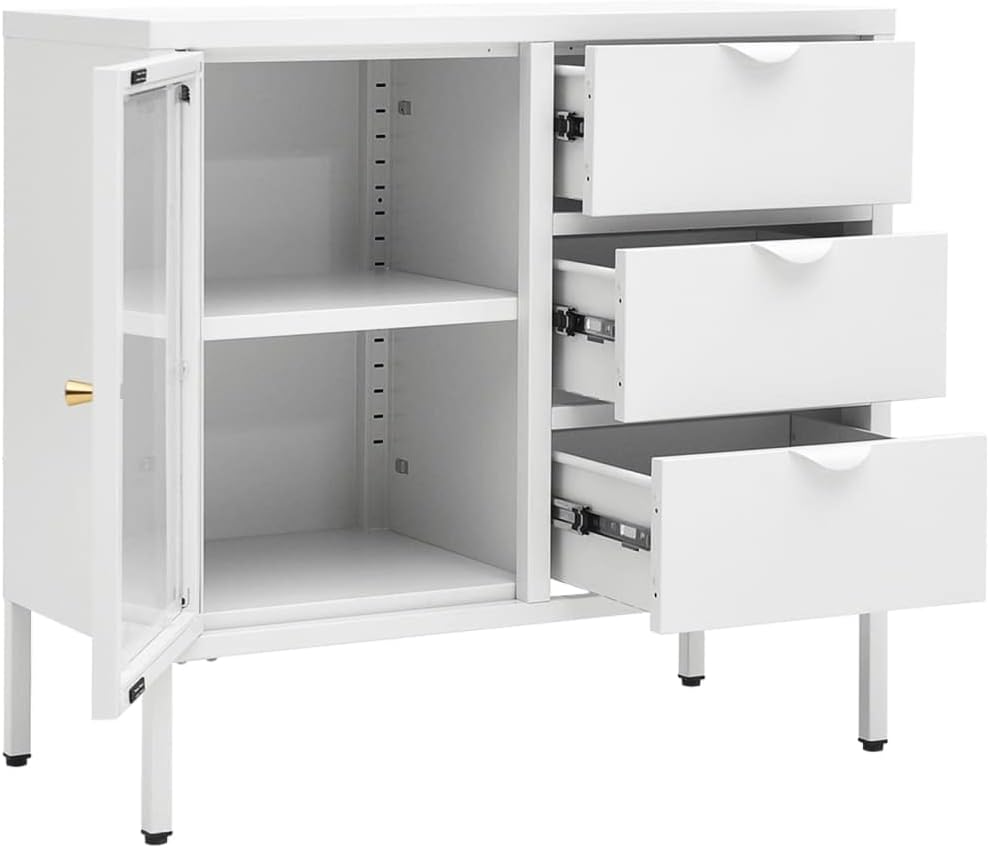Modern White Steel Sideboard with Adjustable Shelves and Three Drawers for Living Room Bedroom Storage Furniture
