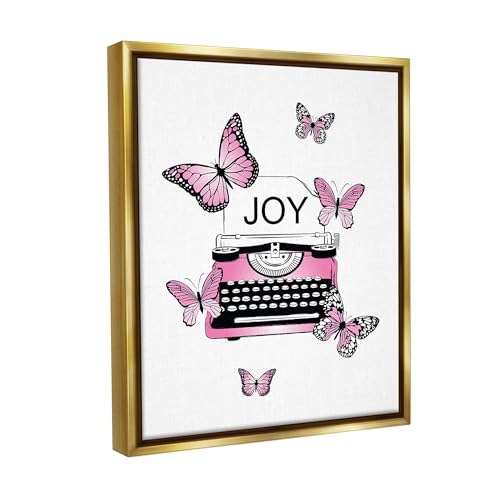 Image of Stupell Industries 'Typewriter with Joy'| Floating Frame Canvas Art | Stupell Industries | Gold, 17 x 21 Inches, Easy to Hang and Sturdy, Made in USA, by Martina Pavlova