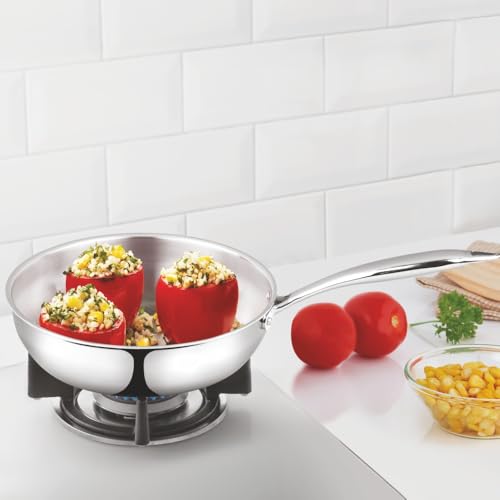 Image of Borosil Cookfresh 1.3L Tri-ply Stainless Steel Frypan with Handle | Gas, Induction Compatible | SS304 Food Grade Steel 20cm Frying Pan | Even Heat Distribution | Dishawasher Safe | 5 Year Warranty