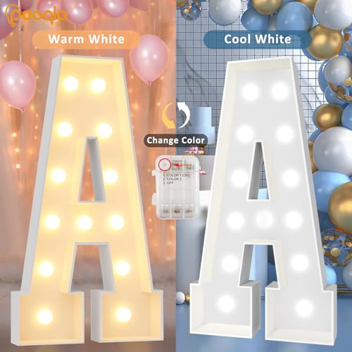 Image of Pooqla 4 FT Marquee Light Up Letters, Cool White and Warm White Marquee Letters 4 Feet Tall, Giant Letter Sign Big Mosaic Letter for Balloons Birthday Party Anniversary Wedding Decorations, LED &