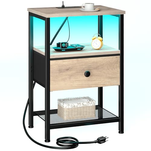 LOAKEKEL Nightstand with Charging Station, End Table with Fabric Drawer, LED Night Stand for...