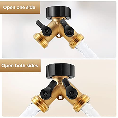 Ruofeng 2 Way Brass Garden Hose Splitter And 3/4" Water Hose Quick Connector，Y Splitter Hose Spigot Adapter 2 Valves With 3 Extra Rubber Washers And 1 Waterproof Sealing Tape (Golden) #TOP1