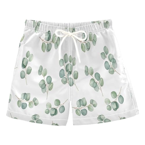 Boys Short Swim Trunks, Anti Chafe Swim Trunks Boys 2 T, Watercolor Branches Green Leaves White