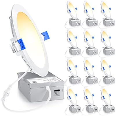 Ensenior 12 Pack 6 Inch Ultra-Thin LED Recessed Light with Junction Box, 2700K/3000K/3500K/4000K/5000K Selectable, 12W 110W Eqv, Dimmable, 1050LM High Brightness - ETL and Energy Star Certified