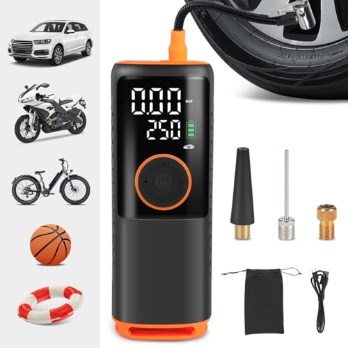 Image of Rechargeable Cordless Tire Inflator - 150 PSI Gauge Portable Air Compressor with 3 Needles, Electric Air Pump for All Sports Balls, Car, Bike, Motorcycle