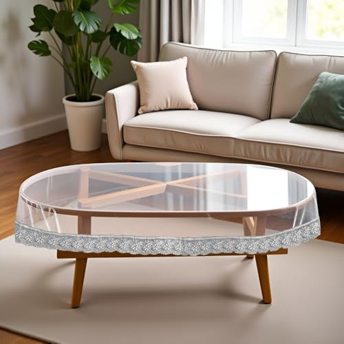 Image of The Furnishing Tree Oval Shaped Transparent Center Table Cover WxL 45x70 inches 0.25 mm Thickness with Silver Lace