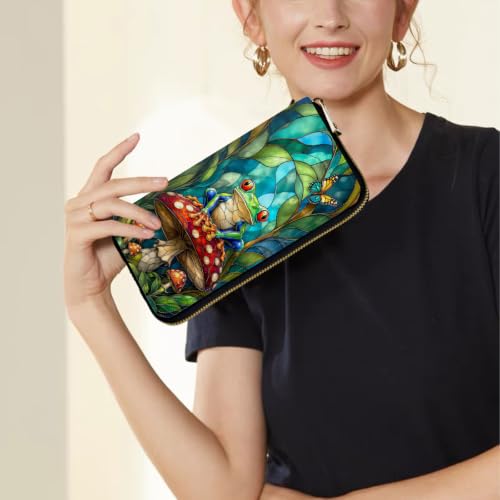 Image of Women's Wallets Credit Card Holder Money Leather Long Wallet | Long wallet with Wristlet,Large Capacity with Zip-Around Phone Purse for Women Ladies Girls,Tree Frog Mushroom