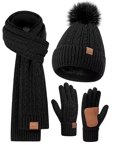 Winter Beanie Hat Scarf Gloves Set for Women, Pom Pom Beanie with Fleece Lined Long Knit Neck Warmer Fingers Touchscreen Gloves, Fashionable Cute Warm 3 in 1 Gift Set for Cold Weather(Black) -  FISFET
