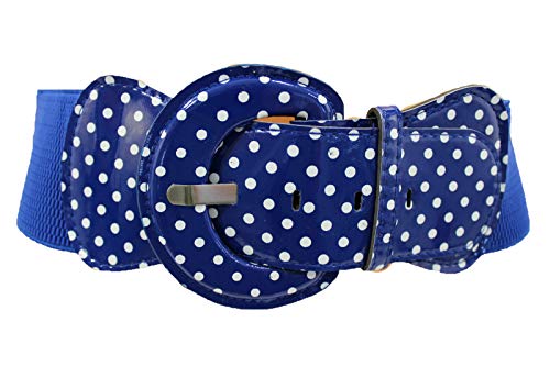 Women Elastic Wide Blue Belt Fashion Hip Waist White Polka Dots Waistband S M4