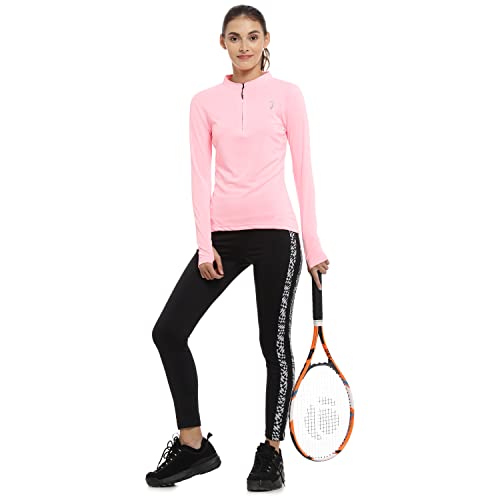 Image of PINACOLADA Women's Midnight Black Basic Activewear T-Shirt for Casual Wear | Mock Neck | Long Sleeve | Half-Zipper Closure | Polyester Jersey T-Shirt Crafted with Comfort Fit for Everyday Wear