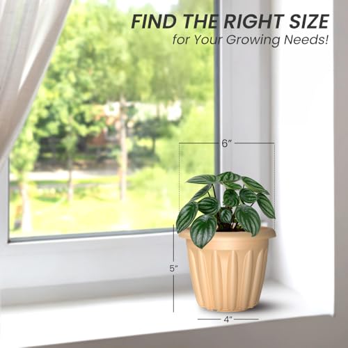 Image of YUCCABE ITALIA SHERA Floot Plastic Flower Pot Round Planter Suitable for Indoor Outdoor Kitchen Garden (Beige, 6 INCH - 6 Pcs)