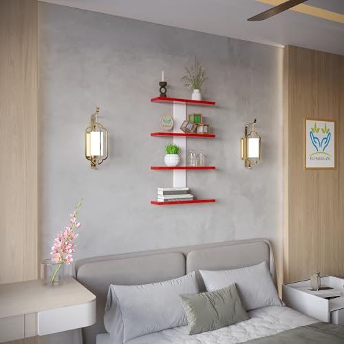 Image of Wooden Wall Mounted Floating Rack Shelves Book Stand Display Hanging Shelf Living Room Bedroom Storage Home Office for Decoration Showcase (Red White)