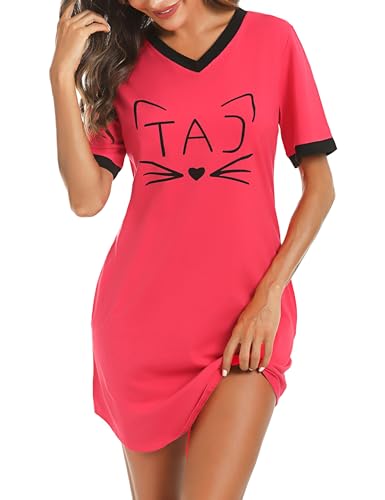 Litherday - Litherday Chemise de Nuit Femme Coton Robe de Nuit Col V Rayé Nuisett imprimé Chat Mignon à Manches Courtes Vêtement de Nuit,B Rouge（New）,L - -20%