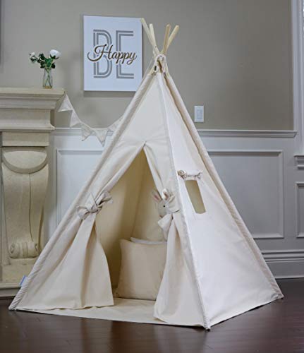 Natural Canvas Teepee with Floor, Pocket, LED Light, Flags Banner and Storage Bag, Play Tent, Play House, Kids Room Decor