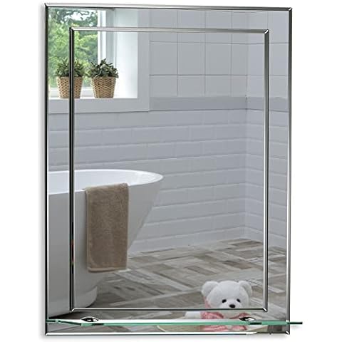 Neue Design Mood Rectangular Bathroom Mirror with Shelf, Wall Mounted & Double Layer of Glass, Modern & Stylish with Contemporary Bevelled Edges (50cm x 40cm) Cover